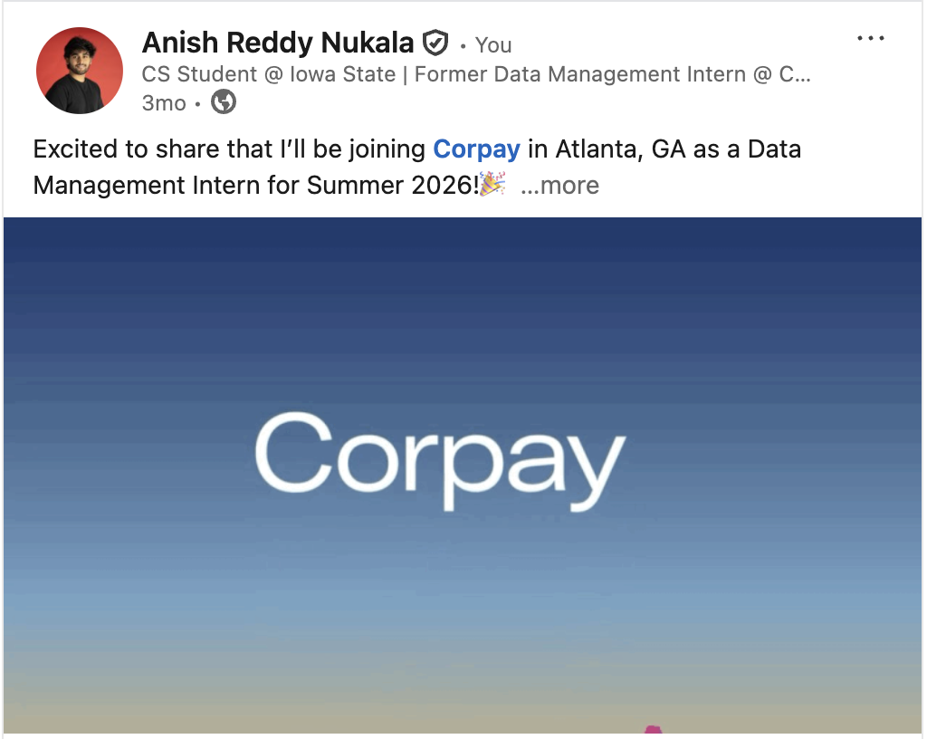 Preview of Anish Reddy Nukala's Corpay internship and data management LinkedIn post